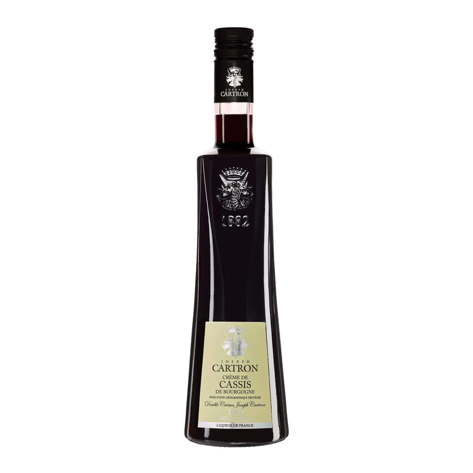 A 700 ml dark glass bottle of Cartron Crème de Cassis de Bourgogne (Blackcurrant) Liqueur, featuring a black cap and a light label with gold and silver accents.