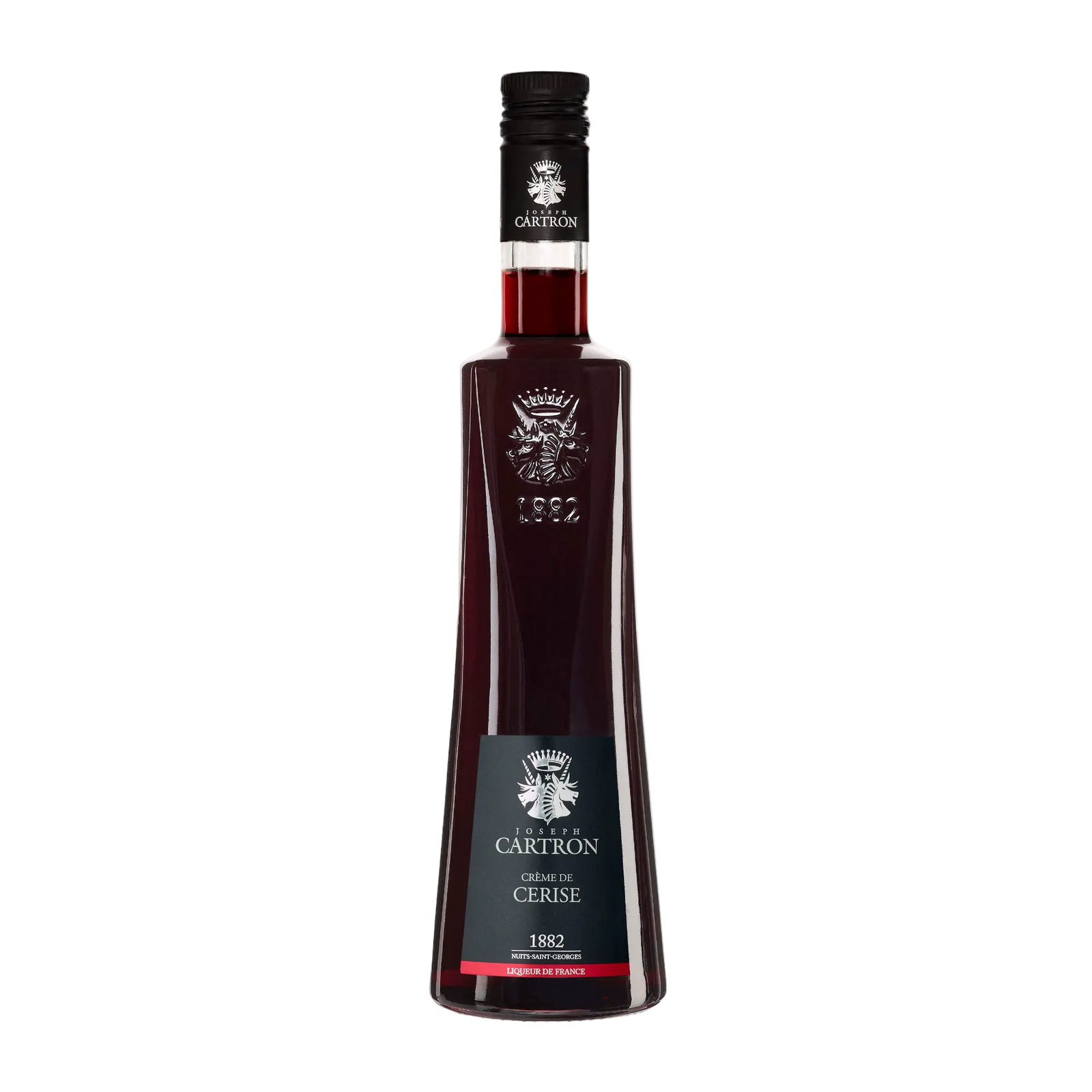 A 700 ml bottle of Cartron Crème de Cerise (Cherry) Liqueur features a black cap, embossed logo, tall glass bottle, and dark red liquid. The front label displays the Cartron brand name and product details.