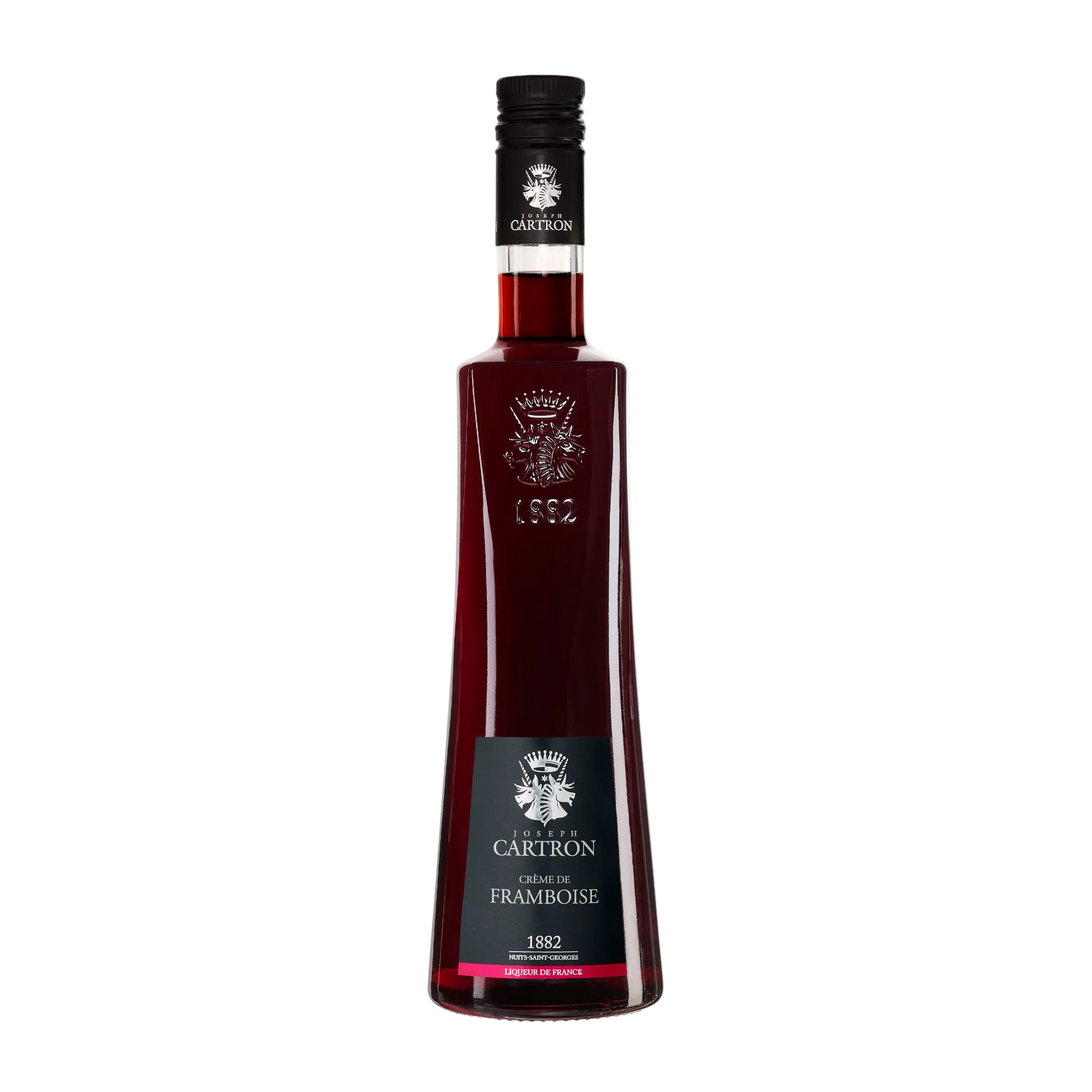 Cartron Crème de Framboise (Raspberry) Liqueur 700ml comes in a tall clear glass bottle with dark red liquid, a black label and cap with silver text and crowned emblem, made from Hautes Côtes de Bourgogne raspberry spirit.