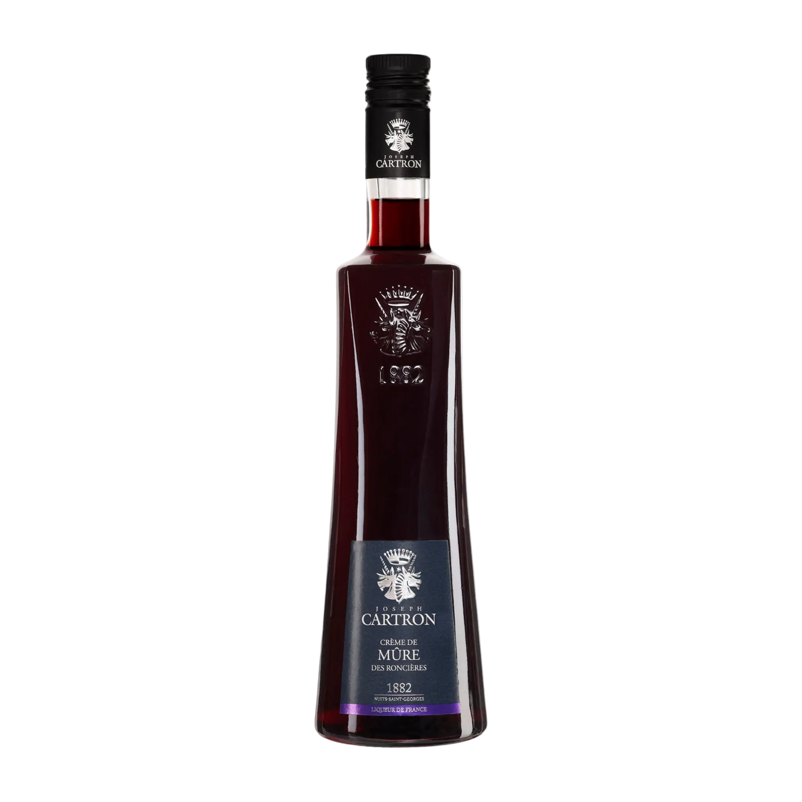 A tall, dark glass bottle of Cartron Crème de Mûre (Blackberry) Liqueur 700 ml, featuring a black screw cap and a dark blue label with silver accents and the Cartron brand logo.