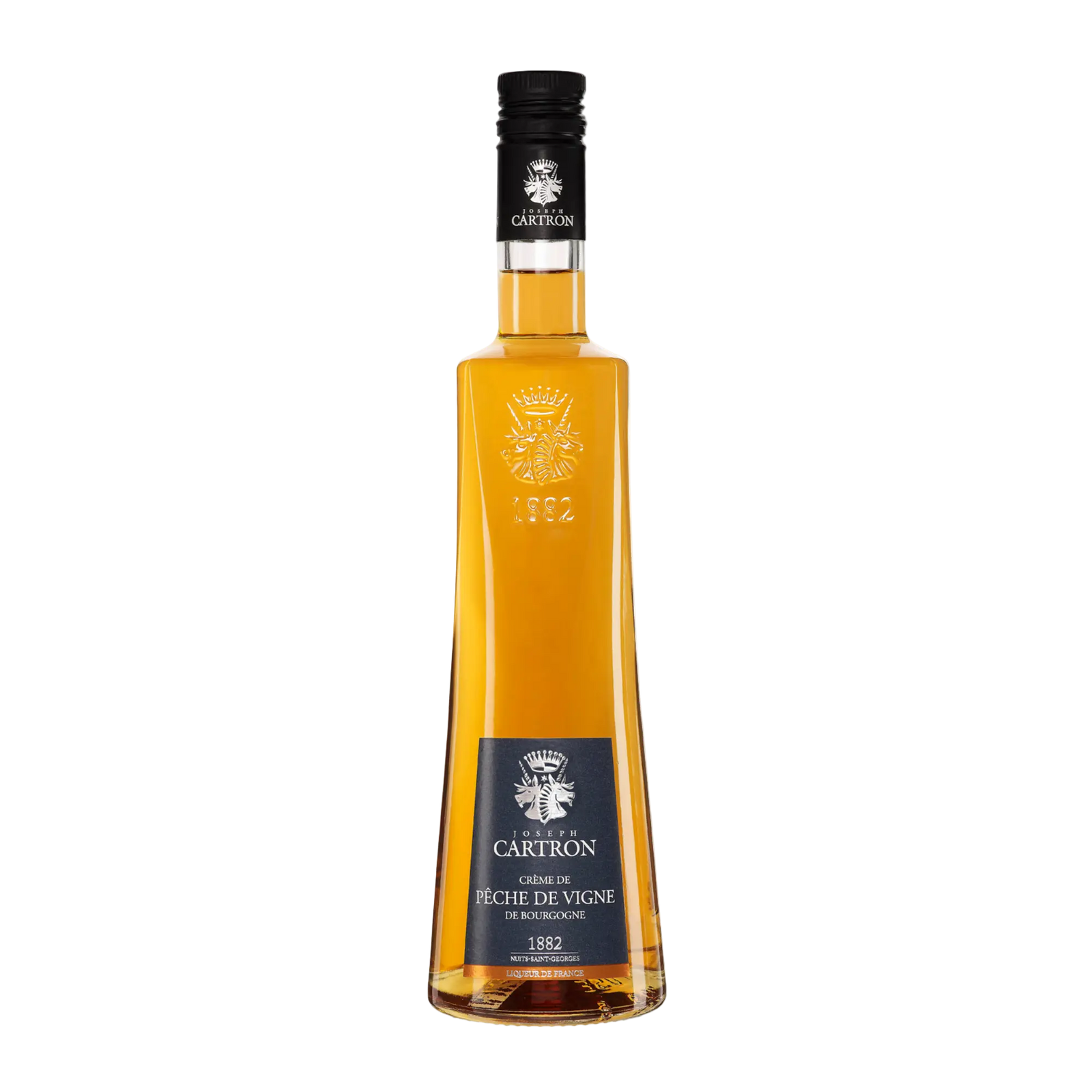A tall Cartron Crème de Pêche de Vigne (Peach) Liqueur 700 ml bottle with amber liquid and a black label stands upright on a white background. Crafted from hand-picked Bourgogne peaches.
