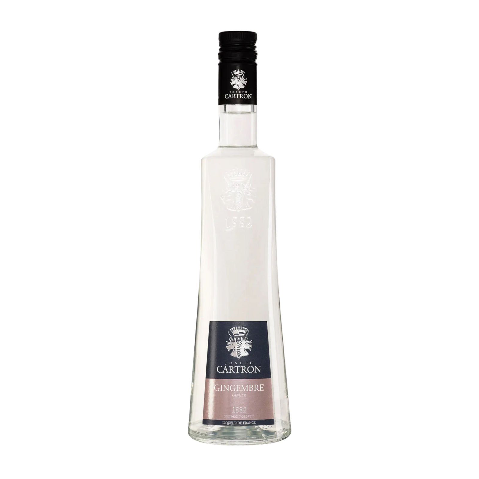 A slender 700 ml Cartron Gingembre (Ginger) Liqueur bottle, clear glass with a black cap and label, features silver and black accents. The product is set against a plain white background, showcasing its vibrant ginger essence.
