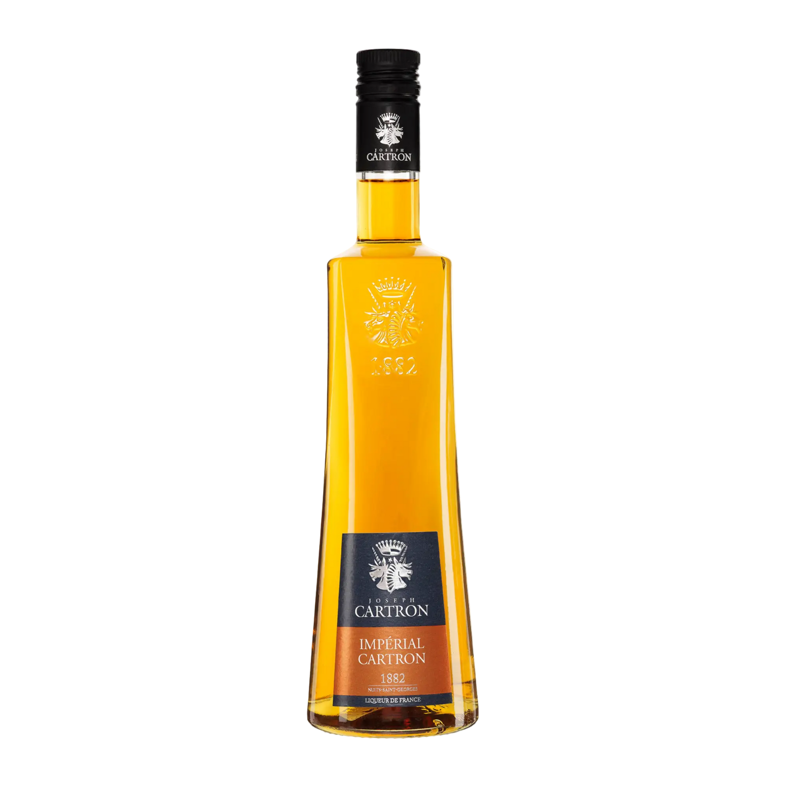 A tall, slender 700 ml bottle of Cartron Impérial Cartron Triple Orange Liqueur with amber liquid, a black cap, and a dark label stands on a plain white background.