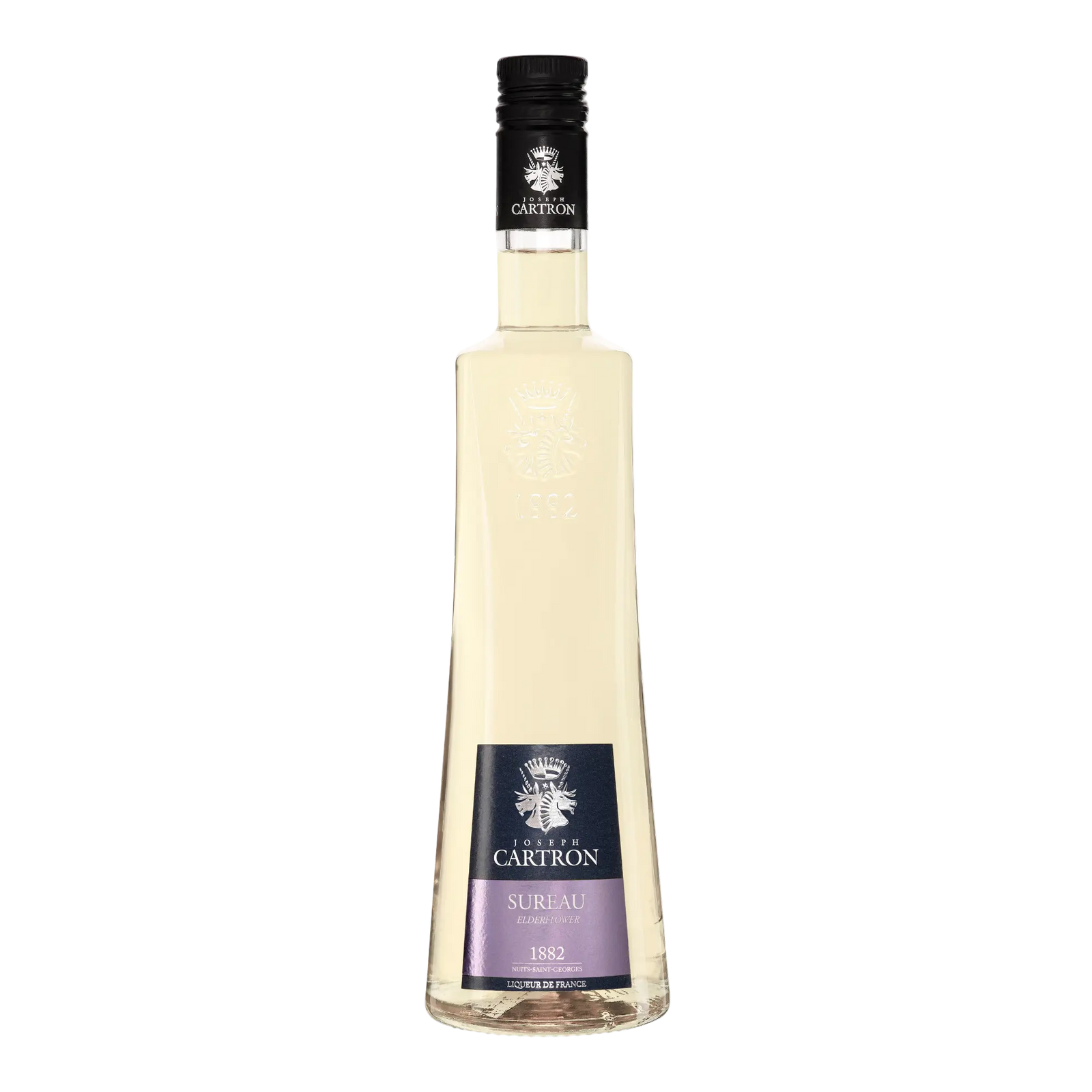 A tall, clear 700 ml bottle of Cartron Sureau (Elderflower) Liqueur with a black cap, silver emblem, and purple label. It contains a pale yellow elderflower liqueur made from delicate Austrian elderflowers.