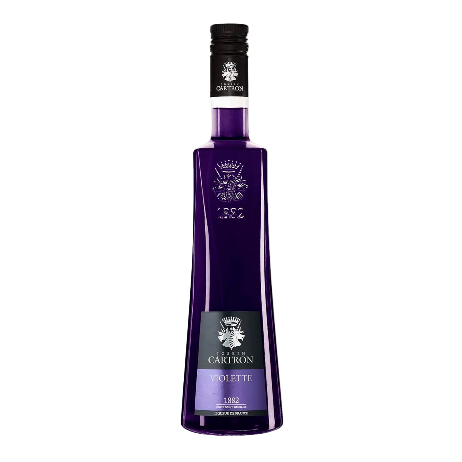A tall, elegant Cartron Violette Liqueur 700 ml bottle with deep purple liquid, floral notes, embossed logo, black cap, and a silver "Violette 1882" label stands out against a white background.