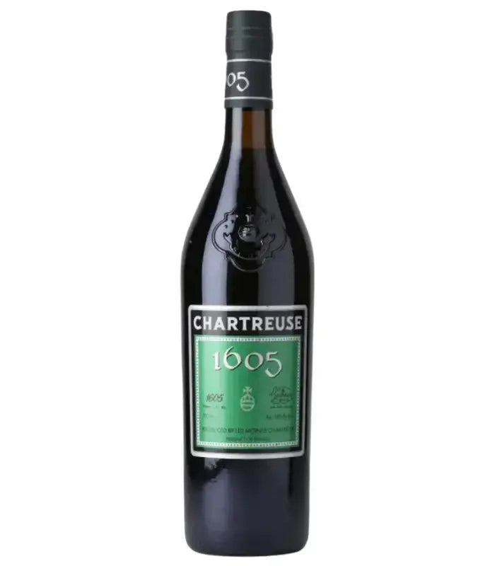 A dark glass bottle of Chartreuse 1605 Liqueur d’Elixir 700mL from Main Street Liquor features a green label and black cap displaying the brand name and "1605" on the front.