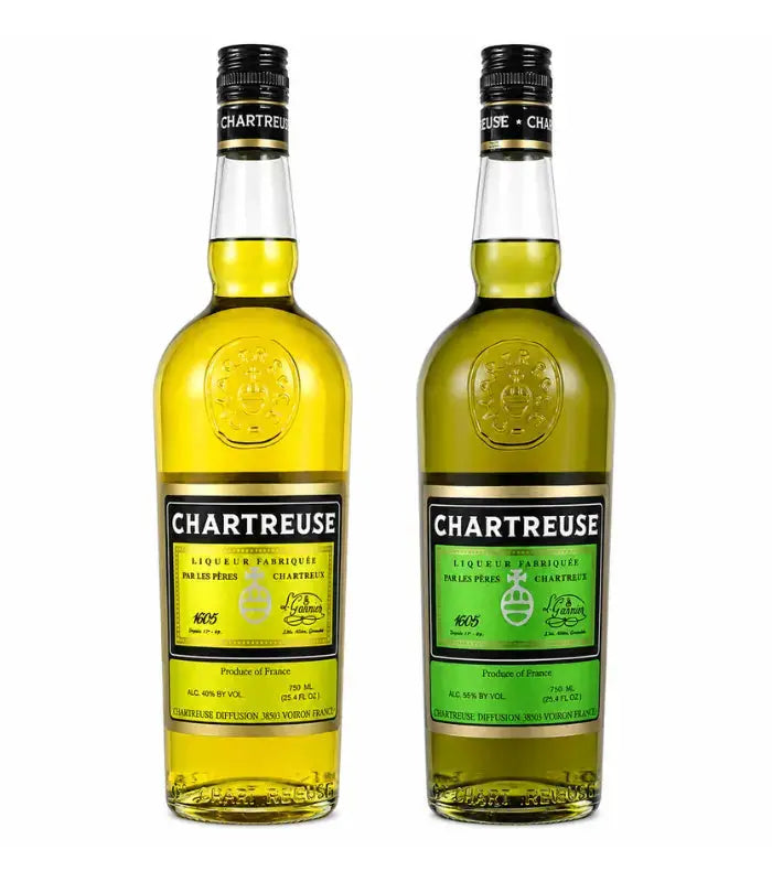 Two bottles from the Chartreuse Green &amp; Yellow Liqueur Bundle stand side by side: Green Chartreuse on the right and Yellow Chartreuse on the left, both labeled with the Chartreuse brand name and product details.