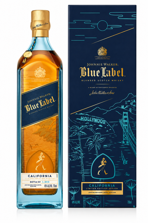 A bottle of Johnnie Walker Blue Label California Limited Edition Design 2026 by Johnnie Walker stands with its matching box, decorated in gold and blue with California icons like palm trees, the Hollywood sign, and Golden Gate Bridge—a refined whisky gift.