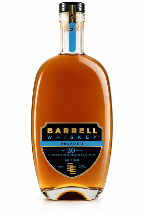 Barrell Craft Spirits’ Barrell Whiskey Decade #2 20 Year (PRE-ORDER) is a limited release, cask-finished whiskey aged 20 years with a proof of 141.3. Its amber hue shines behind a black and gold label with blue accents detailing its age and strength.