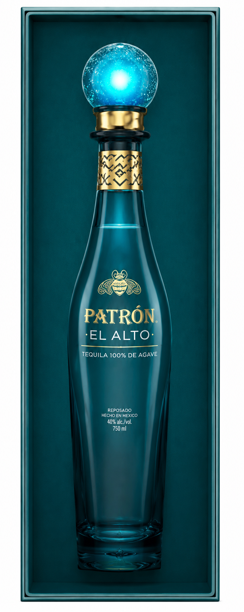 The Patron PATRON EL ALTO LIGHT UP BOTTLE features a tall, elegant blue glass bottle with a gold label and round blue stopper, stylishly presented upright in a matching blue box for an impressive luxury tequila display.