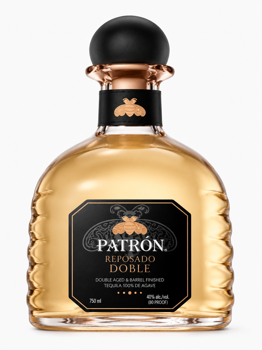 Patron Reposado Doble is a premium tequila in a rounded bottle with gold liquid, a gold and black label, and a black stopper. Double aged in barrels for added richness, the label highlights its exceptional quality.