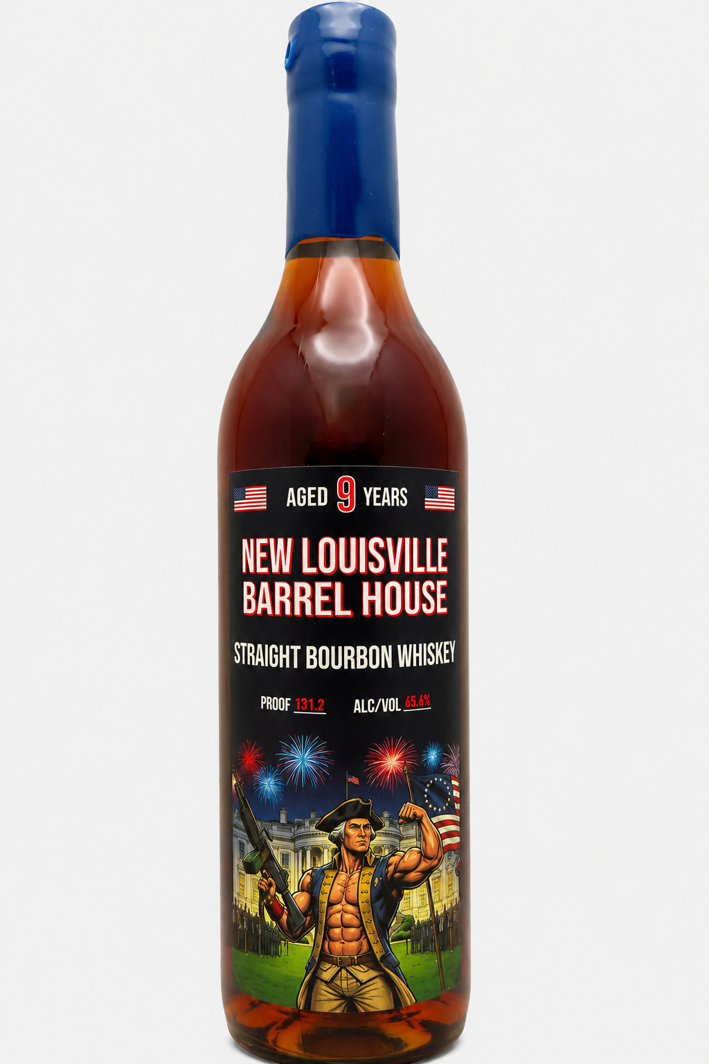 A bottle of Nulu New Louisville 9 Year Bourbon “250th USA” Straight Bourbon Whiskey, with a label showing a colonial figure, musket, fireworks, and the White House—an ideal collectible for bourbon enthusiasts.