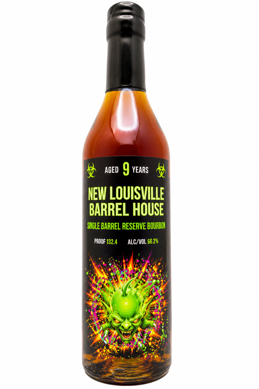 Nulu’s New Louisville Barrel House “Green Goblin” 9 Year Old Single Barrel Reserve Bourbon is aged 9 years, bottled at 66.2% ABV, and features a dark label with a neon green monstrous face and vibrant splashes.