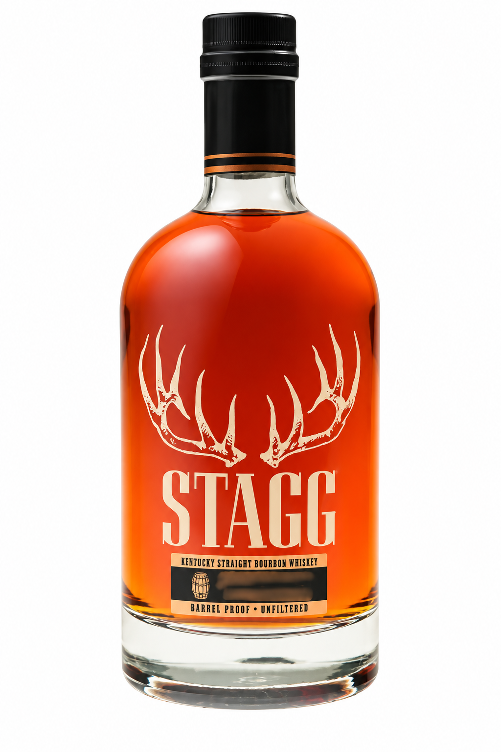 A bottle of Buffalo Trace’s Stagg Kentucky Straight Bourbon Whiskey Batch 26C 124.6 Proof features the distinctive antler logo, a black cap, rich amber liquid, and labels marked “Barrel Proof” and “Unfiltered”—a testament to its bold flavor and expert craftsmanship.