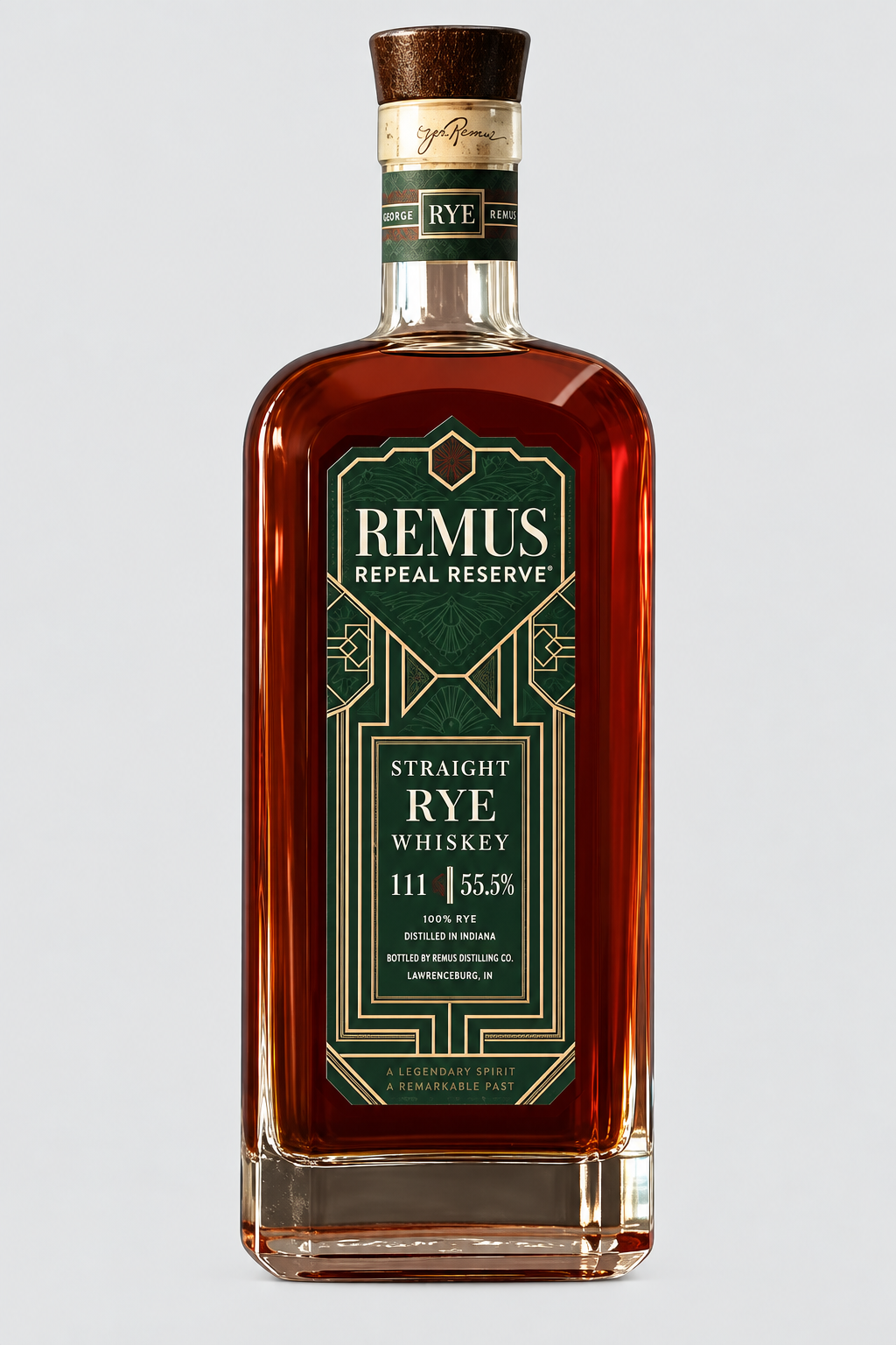 A bottle of Remus Repeal Reserve Straight Rye Whiskey by G. Remus Distilling Co., a notable Indiana rye marked by its green and gold label, featuring 55.5% ABV (111 proof), set against a plain light background.