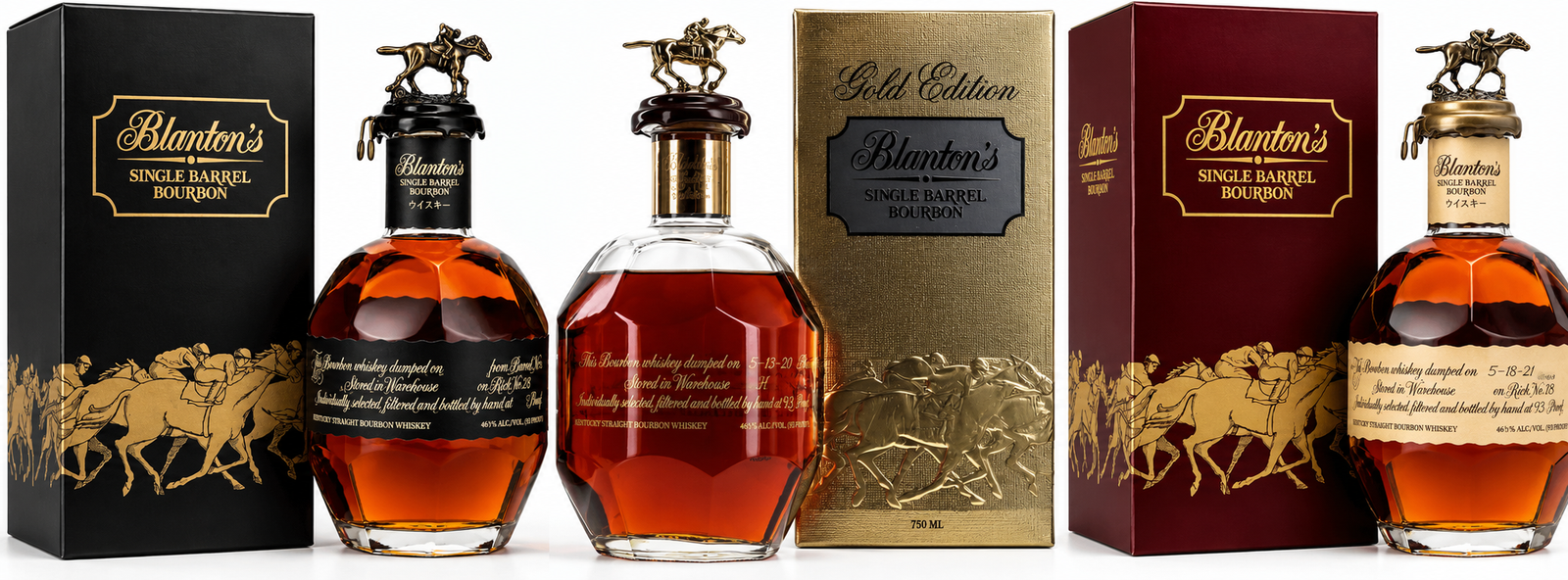 Three bottles of Blanton's Takara Collection Japanese Edition Bourbon Bundle by Blanton's, each with a decorative horse stopper and matching box, featuring gold text and racehorse artwork.