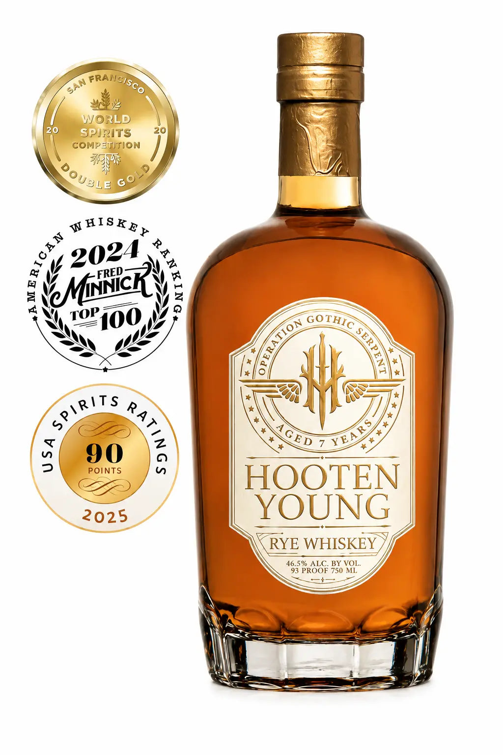 A bottle of Hooten Young 7 Year Old Operation Gothic Serpent Rye Whiskey is displayed next to four award medals, including a gold from the San Francisco World Spirits Competition and a USA Spirits Ratings 2025 medal with 90 points.