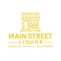 Yellow outline of a small liquor store with bottles in the window above bold text: MAIN STREET LIQUOR. Below, smaller text reads QUALITY SPIRITS, DELIVERED, with a typo in QUALITY.