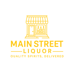 Yellow outline of a small liquor store with bottles in the window above bold text: MAIN STREET LIQUOR. Below, smaller text reads QUALITY SPIRITS, DELIVERED, with a typo in QUALITY.
