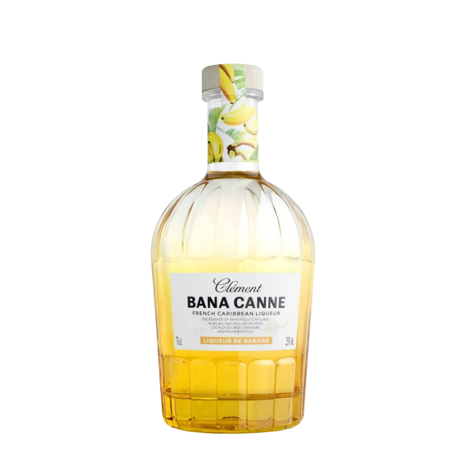 A clear glass bottle of Rhum Clément Bana Canne Liqueur by Rhum Clément features yellow-gold liquid, a decorated cap with bananas, and a label saying “BANA CANNE Liqueur de Banane.”.