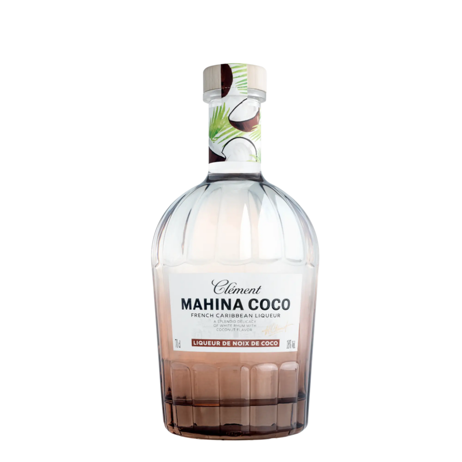 A clear 70cl bottle of Rhum Clément Mahina Coco Coconut Liqueur, a French Caribbean rum-based liqueur, features coconut and palm leaf neck design with white and brown labels, set against a plain white background.
