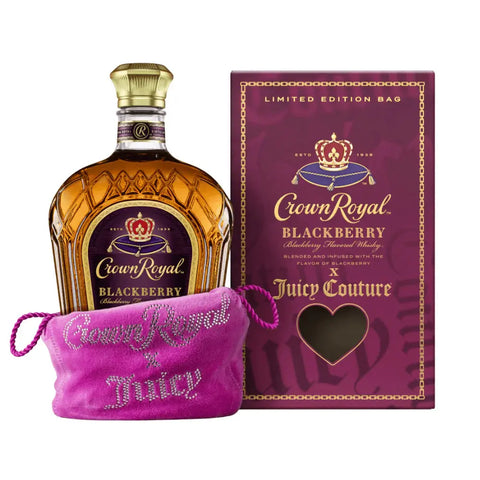 A Crown Royal Blackberry x Juicy Couture Limited Edition (Pre-Order) set featuring a bottle with a purple and gold label, pink Juicy Couture Limited Edition pouch, and a matching box with heart-shaped cutout and "Limited Edition Bag" text.