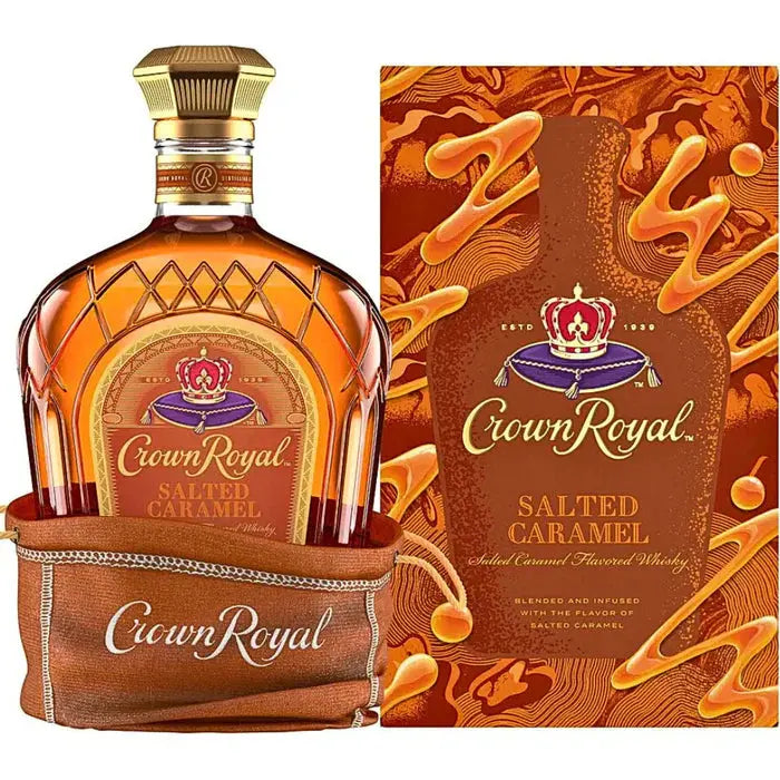 Crown Royal Salted Caramel whisky comes in a brown cloth pouch and is presented next to its orange caramel-themed box with the Crown Royal logo, making it a standout Canadian whisky.
