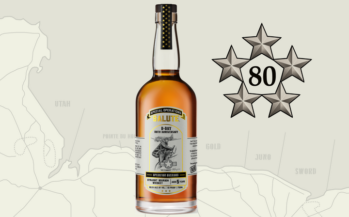 A set of three Special Operations Salute™ Whiskey bottles by Heritage Distilling, celebrating D-Day’s 80th Anniversary, is displayed with a silver 5-star “80” emblem and a faded Normandy map, alongside a limited edition lithograph.