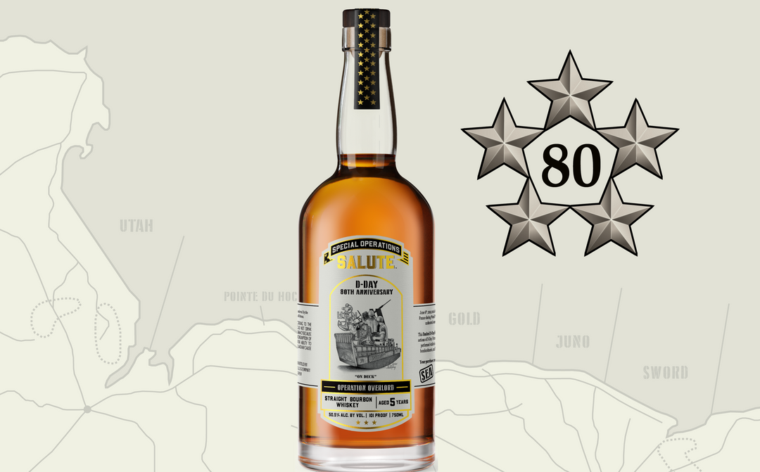 The Heritage Distilling Special Operations Salute™ Whiskey - D-Day 80th Anniversary 3 Bottle Set with Limited Edition Lithograph features a map backdrop marked with Utah, Pointe du Hoc, Gold, Juno, and Sword for this World War II milestone.