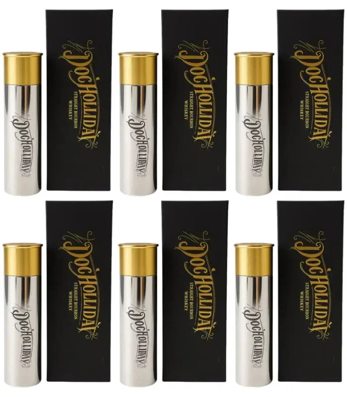 Eight Doc Holliday 10 Year Bourbon Shotgun Shell Limited Edition 100mL bottles with gold caps and silver bodies, each in a black box with ornate gold Doc Holliday branding, arranged in a grid on a white background.