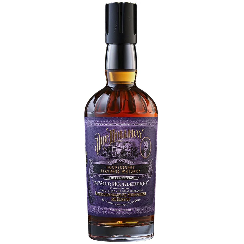 The Doc Holliday Huckleberry Flavored Whiskey “I’m Your Huckleberry” Limited Edition features a purple label with ornate text, graphics, and a portrait illustration, celebrating the brand’s signature phrase.