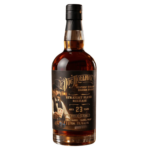 A pre-order bottle of Doc Holliday 23 Year Kentucky Straight Bourbon featuring a dark label with a mustached man and playing cards. This limited-edition Straight Flush Release is ideal for collectors.