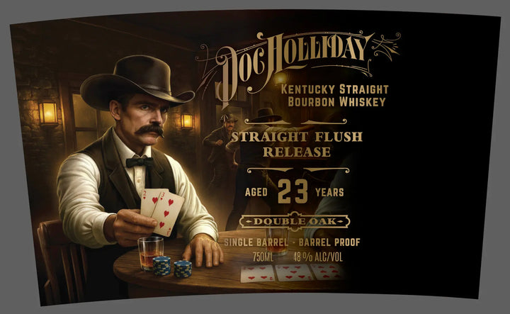 A man in Old West attire plays poker at a saloon, holding four aces and a joker. Text: Doc Holliday 23 Year Kentucky Straight Bourbon Whiskey—aged to perfection for true connoisseurs.
