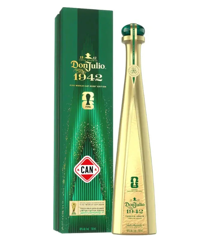 A tall gold bottle of Don Julio Tequila’s 1942 FIFA World Cup 2026 Honor Your Country Limited Edition Añejo features special green and gold packaging with a “CAN” badge referencing Canada.