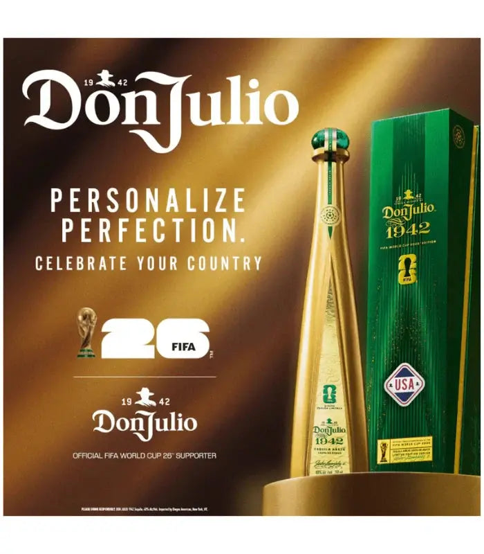 Don Julio 1942 FIFA World Cup 2026 Honor Your Country Limited Edition Tequila Añejo bottle with green box, USA soccer badge, FIFA World Cup 26 logo, and "Personalize Perfection. Celebrate Your Country. Official Supporter.