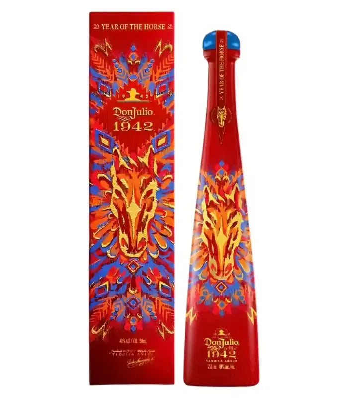 The Don Julio 1942 Tequila Anejo Year of the Horse 2026 Limited Edition features bold artwork of a horse’s head and striking patterns on its tall, red bottle and box, celebrating the Lunar New Year.