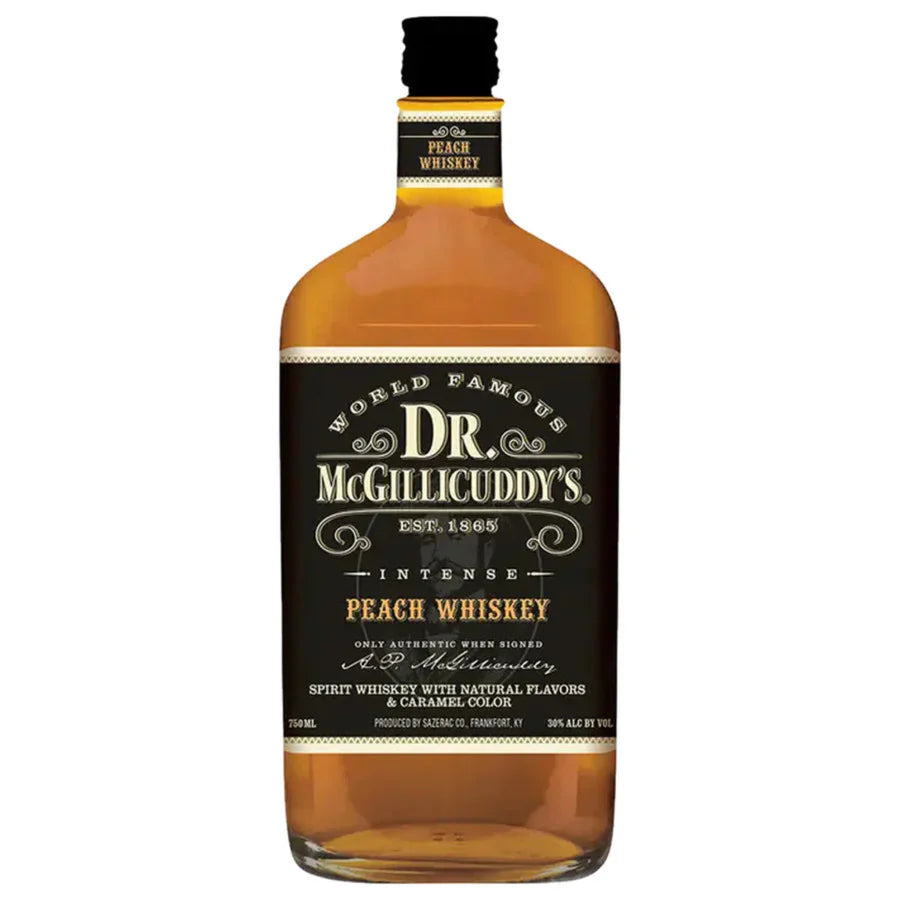 A 1L bottle of Dr. McGillicuddy's Intense Peach Whiskey with a black label, gold and white text, gold cap, and smooth amber peach whiskey inside.