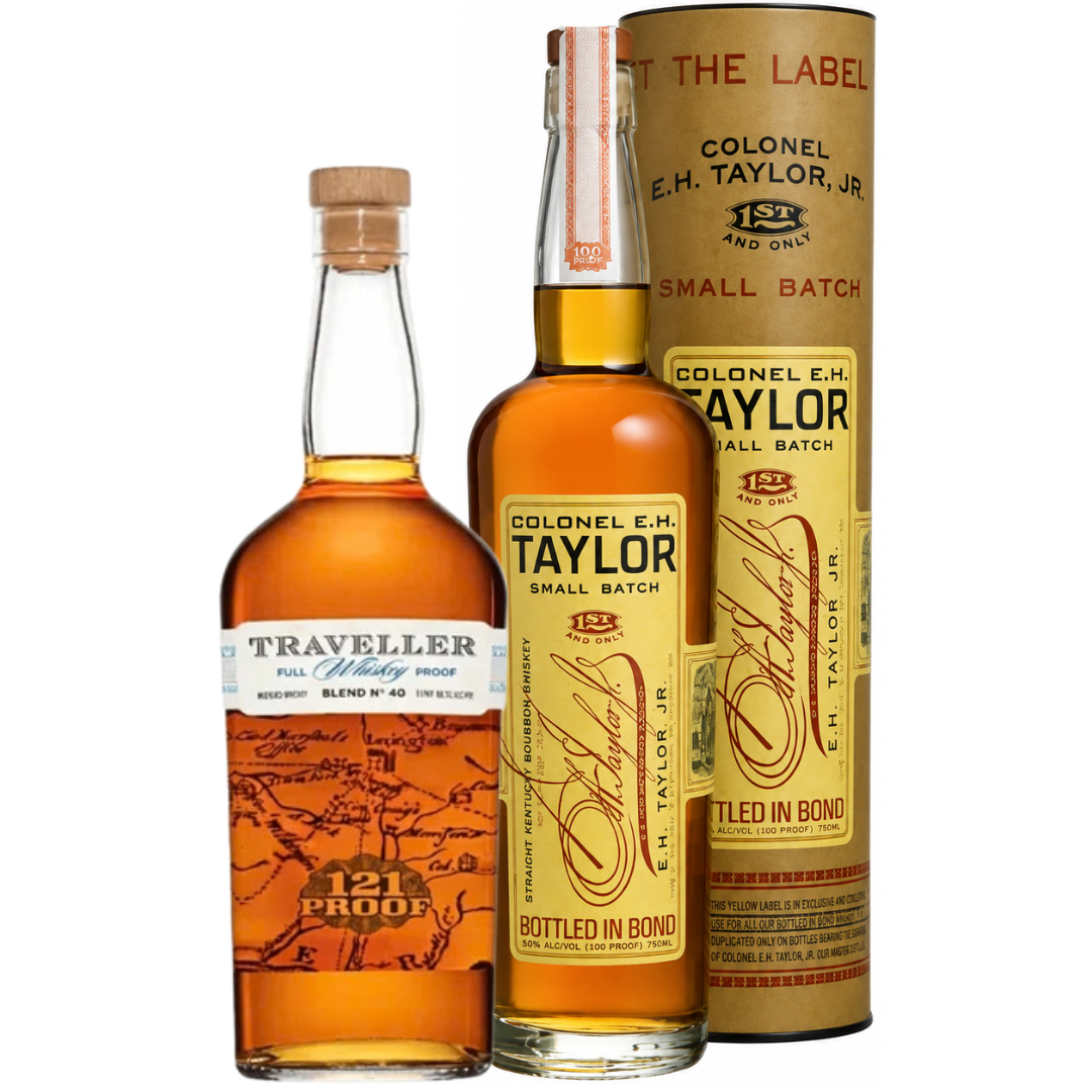 A pair of amber-toned whiskeys from Buffalo Trace—the E.H. Taylor Small Batch x Traveller Full Proof Whiskey Bundle—features one bottle of Traveller Full Proof Whiskey (121 proof) and another of E.H. Taylor Small Batch Kentucky Straight Bourbon Whiskey, accompanied by a coordinating cylindrical box.