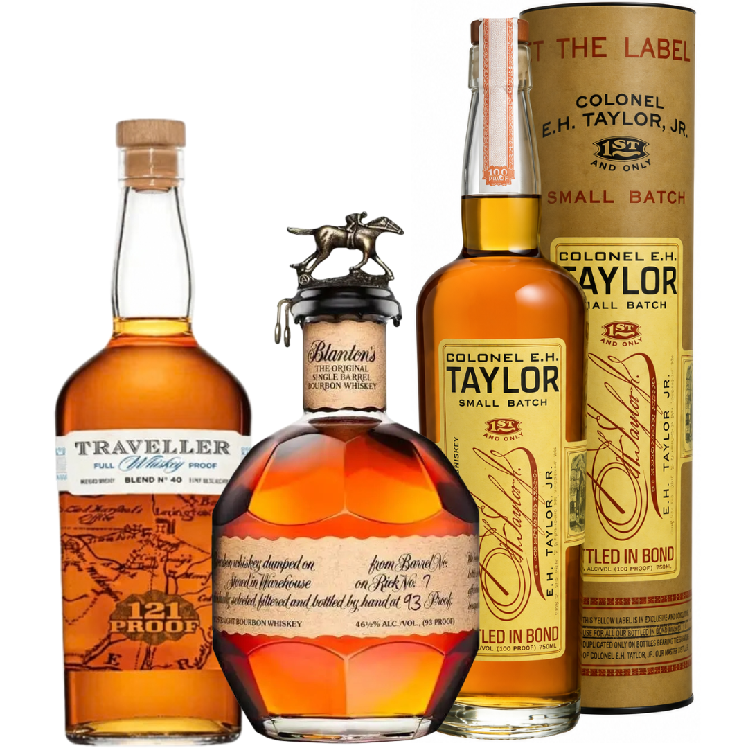 Three bottles from Buffalo Trace—E.H. Taylor Small Batch, Traveller Full Proof, and Blanton’s Original—are displayed together as part of the E.H. Taylor Small Batch x Traveller Full Proof x Blanton’s Original Whiskey Bundle, with the E.H. Taylor Small Batch bottle also presented in its signature cylindrical case behind it.