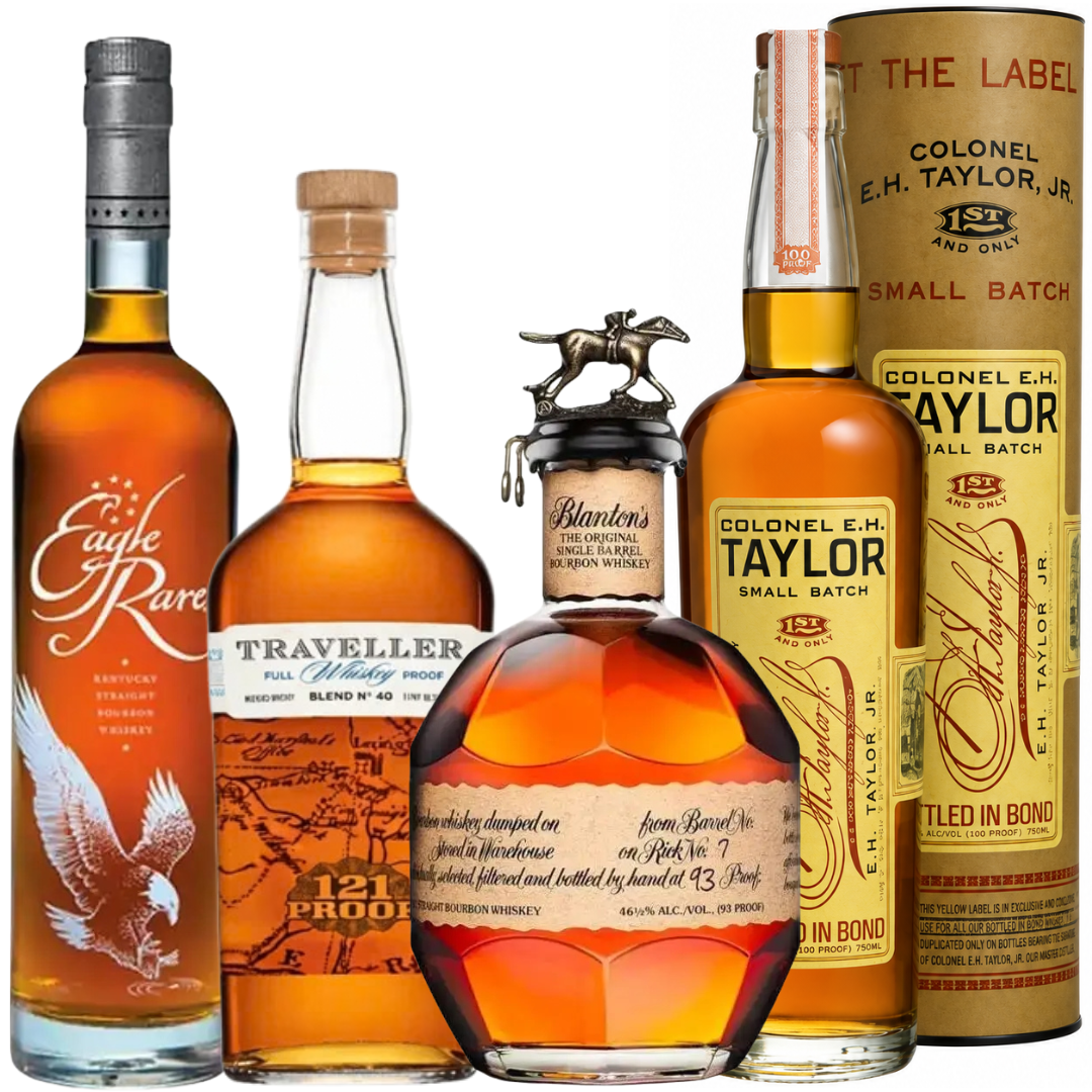 Five bottles from the Buffalo Trace E.H. Taylor Small Batch x Traveller Full Proof x Blanton’s Original x Eagle Rare 10 Year Whiskey Bundle are displayed upright in a row, each featuring distinct labels and packaging.