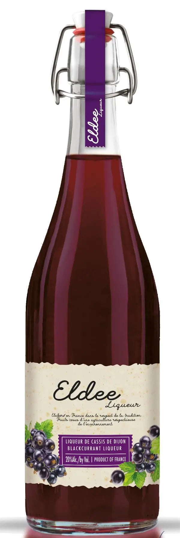 A bottle of Eldee Cassis de Dijon Blackcurrant Liqueur with a swing-top stopper and a label featuring blackcurrants and green leaves.