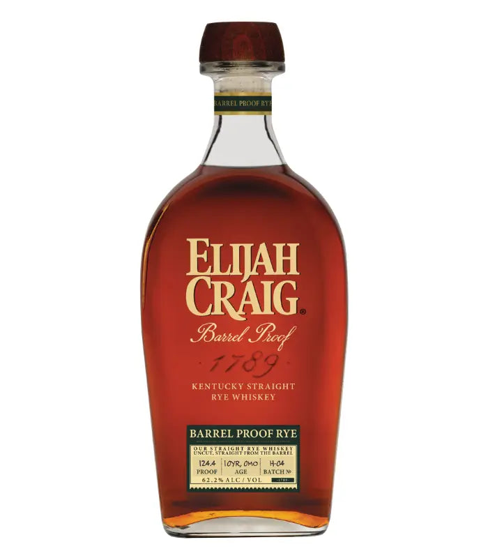 A bottle of Elijah Craig Barrel Proof Rye 10 Year Batch H-04 124.4 Proof (Pre-Order) by Elijah Craig, featuring a gold label and dark amber liquid, displayed against a white background.