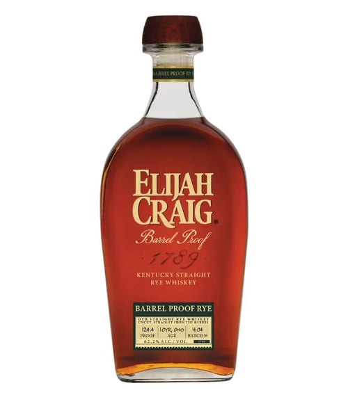 A bottle of Elijah Craig Barrel Proof Rye 10 Year Batch H-04 124.4 Proof (Pre-Order) by Elijah Craig, featuring a gold label and dark amber liquid, displayed against a white background.