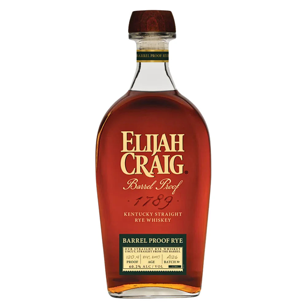 A bottle of Elijah Craig Barrel Proof Rye Batch A126 features dark amber liquid, gold labeling, and displays batch and proof details on the lower label.