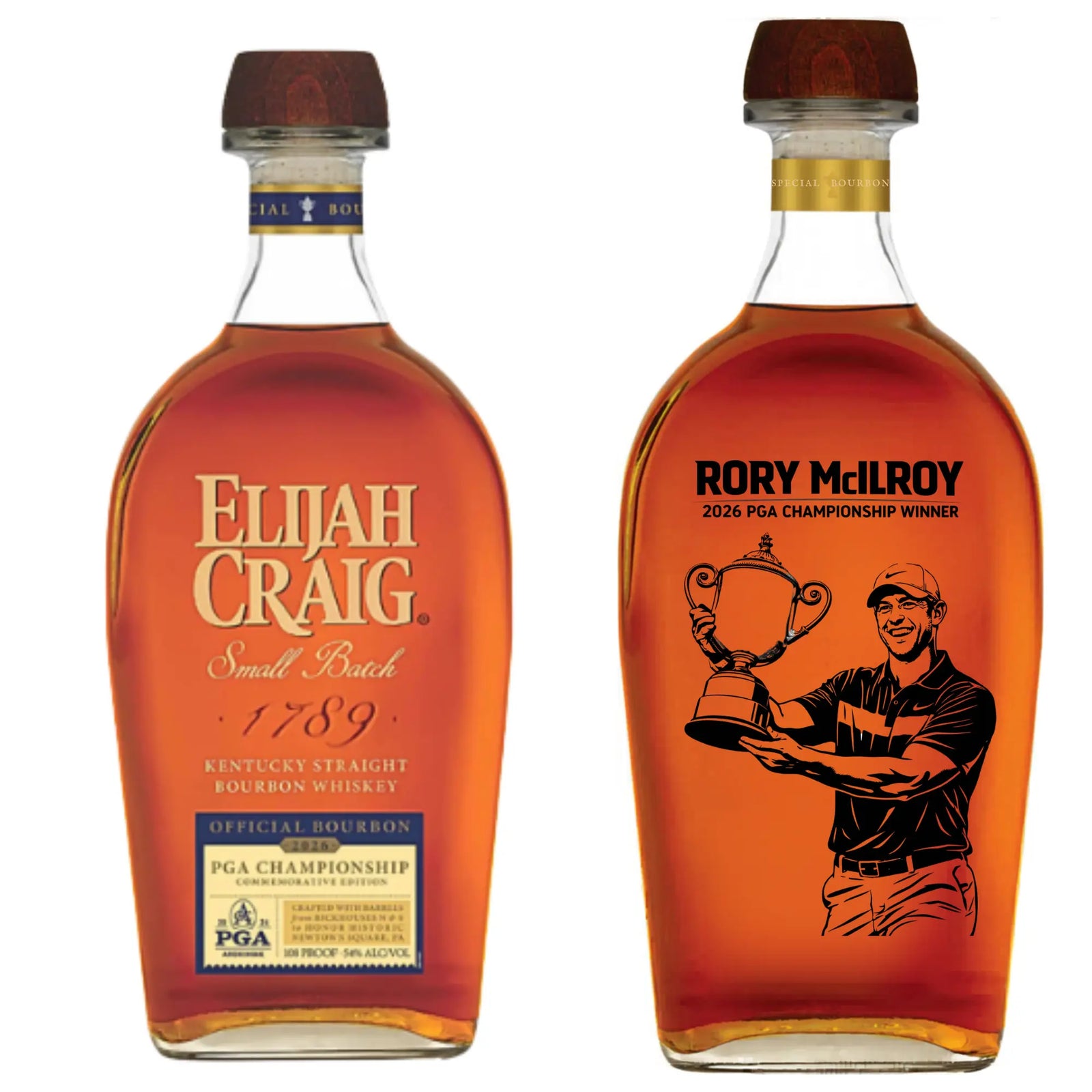 Two whiskey bottles: Both are Memory Bottles Elijah Craig Small Batch 2026 PGA Championship Rory McIlroy Winner Etched Edition (PRE-ORDER), commemorating McIlroy's win and featuring his trophy celebration.