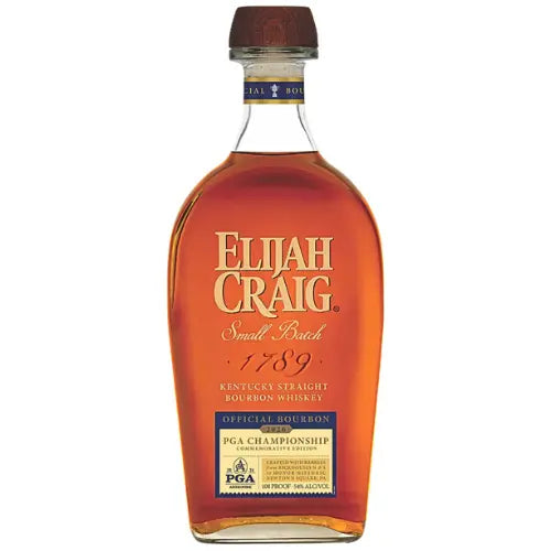 A bottle of Elijah Craig PGA Championship 2026 Commemorative Edition Kentucky Straight Bourbon Whiskey, with a brown cap and gold, red, and white label featuring "1789" and the event name on the front.