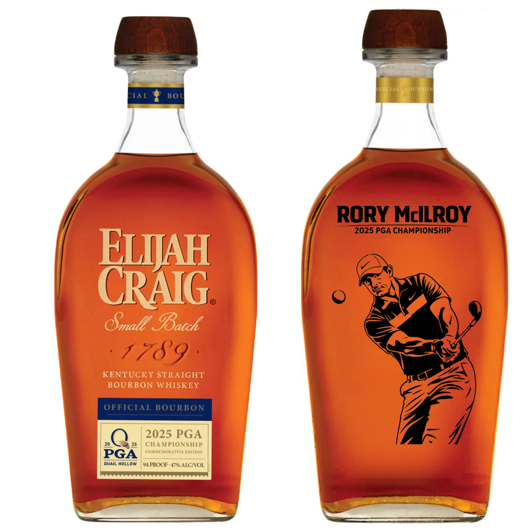 Two bottles of Memory Bottles Elijah Craig Small Batch 2025 PGA Championship Rory McIlroy Etched Bourbon, featuring branded front labels and backs with a golfer illustration and “Rory McIlroy engraved 2025 PGA Championship.”.