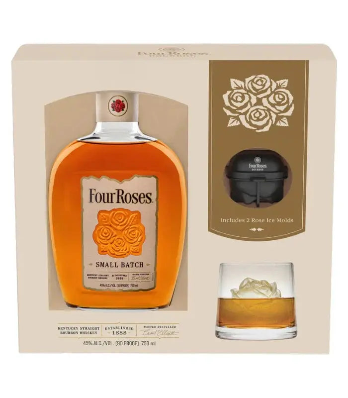 The Four Roses Small Batch Bourbon Gift Set includes a bottle of Four Roses bourbon, two black rose-shaped ice molds, and packaging featuring an illustration of a whiskey glass with ice.