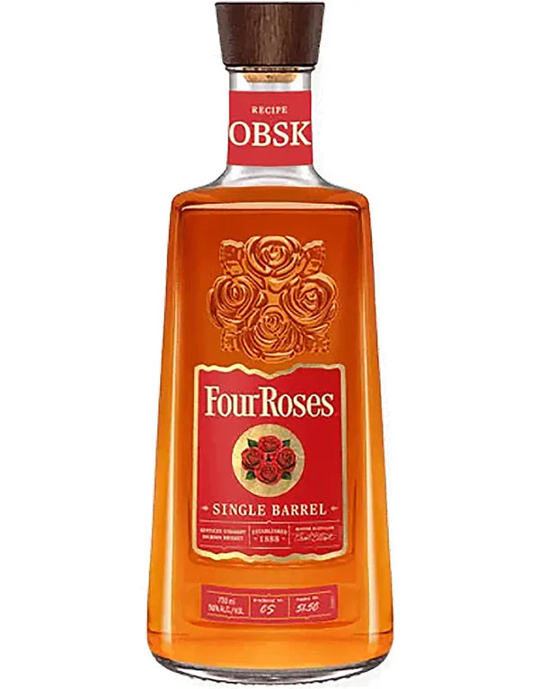 A bottle of Four Roses OBSK Single Barrel Bourbon by Four Roses, a Kentucky Straight Bourbon Whiskey, features a wooden cap and a red rose-adorned label topped with "OBSK," displaying the amber whiskey through clear glass.