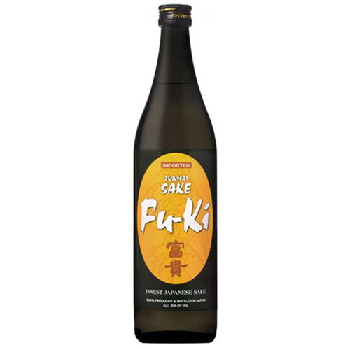 Fu-Ki Junmai Sake 750ml features a dark glass bottle with an orange label displaying the Fu-Ki brand name in white and Japanese characters, marked as Finest Japanese Sake.